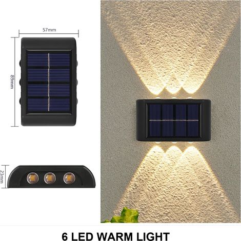 (Lot de 2 lampes solaires à 6 LED, lumière chaude) Nouvelles appliques murales solaires d'extérieur étanches, lampe solaire LED à éclairage indirect (haut et bas), compatible avec les jardins, balcons (1/5)