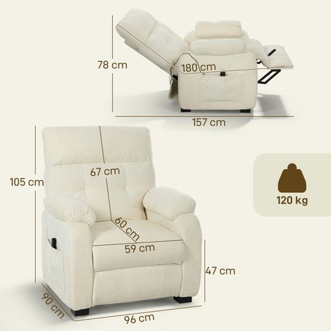Fauteuil en velours avec repose-pieds, télécommande et poches latérales, inclinable à 150 degrés, 96x90x105cm, blanc. (1/5)