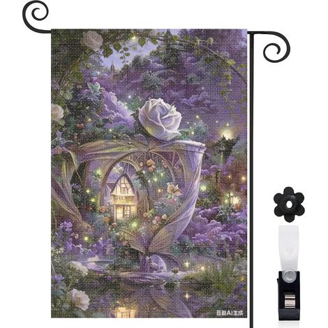 Drapeau de jardin reflet dans l'eau et forêt violette 30 x 45 cm décoration porche et entrée (1/5)