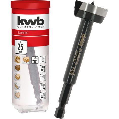 kwb Mèche à bois, Ø 25 mm, mèche à cloche (pour le bois, tête de perçage forgée, affûtage spécial, trous de perçage rapides et sans éclats, pointe de centrage affûtée sur 4 côtés, longue durée de vie) (1/5)