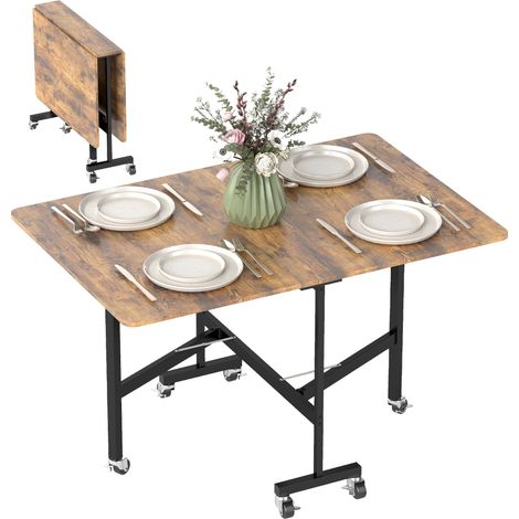HOMCOM Mobile Drop Leaf Table, Folding Kitchen Table with 6 Wheels, Brown (1/5)
