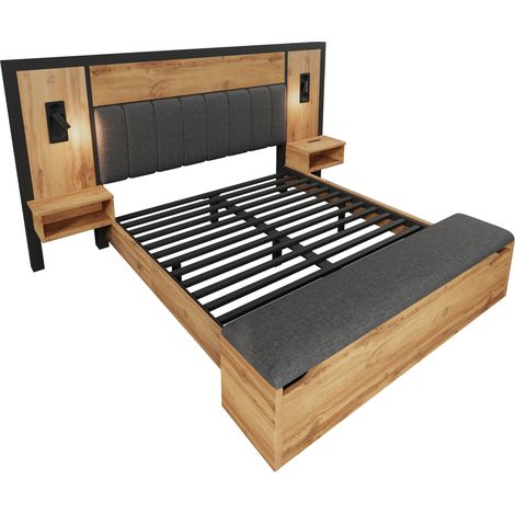Cama doble 160x200 metal, madera y lino con lámparas, mesillas USB-C y banco arcón (1/5)