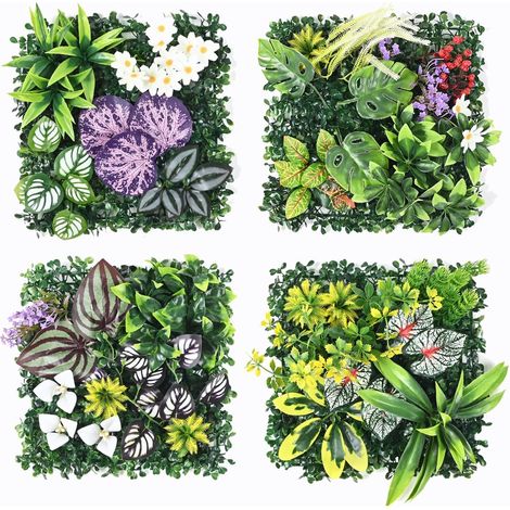 4 Panneaux Murs de Plantes Artificielles, 2525cm, Décoration Murale en Gazon Synthétique, Panneau Végétal, pour Décoration Intérieure Extérieure
