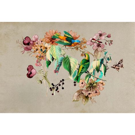 Papier peint panoramique multicolore floral Tapisserie panoramique beige avec oiseaux & fleurs idéale cuisine Papier peint panoramique couloir (1/2)