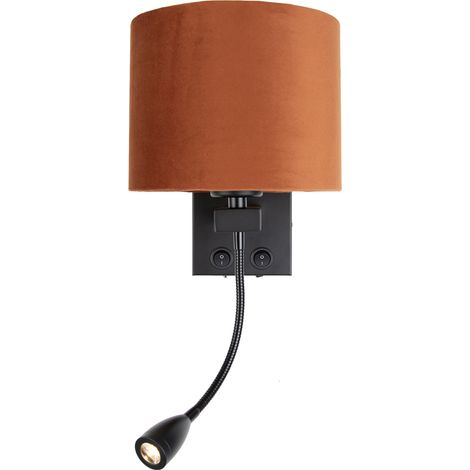 QAZQA Wandlamp zwart met flexarm en kap oranje met gouden