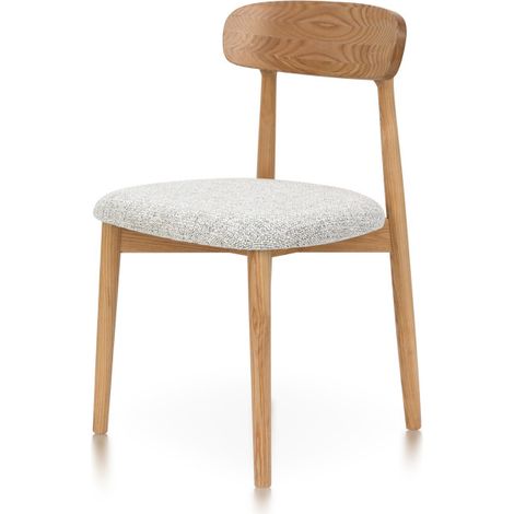 Stuhl aus naturbelassenem Massivholz mit bequemer Sitzfläche in hellgrau meliertem Stoff – Modernes, elegantes Design