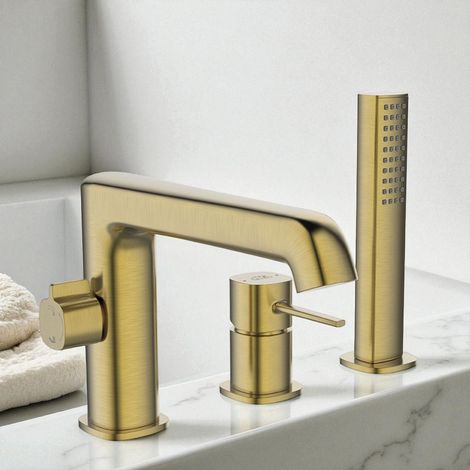 Rubinetto vasca da appoggio 3 fori oro spazzolato  Design elegante, soffione doccia anticalcare, leve ergonomiche