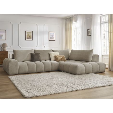 Bobochic – Canapé d'angle fixe 4 places – Tissu chiné taupe – Structure en pin et hêtre – Accueil moelleux – Style moderne et cosy