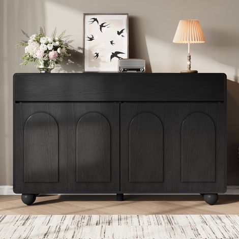 Buffet de salon, 140x38x89 cm, Grand meuble de rangement avec 4 portes courbées et 2 tiroirs, Commode moderne en MDF pour salle à manger, Noir (1/5)