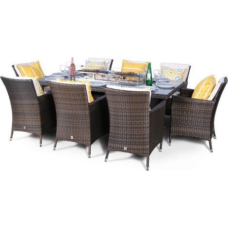 Savannah Fire Pit 8 Seater Rectangle Rattan Dining Set - Brown (1/5)