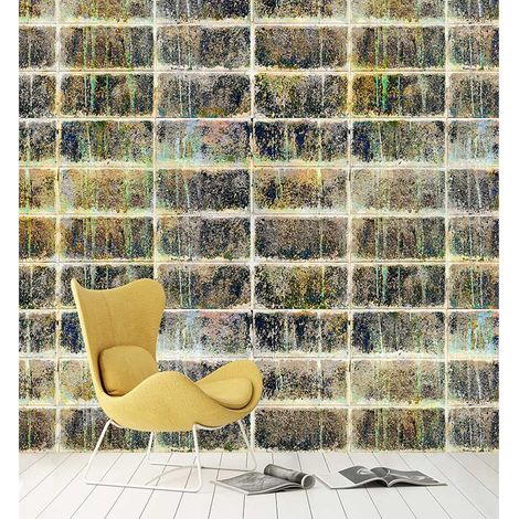 Papier peint panoramique aspect mur de brique Tapisserie panoramique gris et multicolore pour salon Papier peint panoramique industriel (1/3)