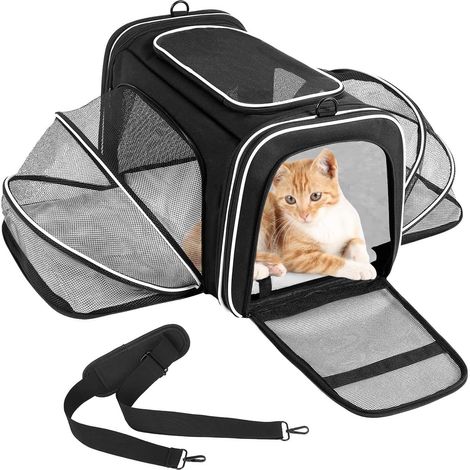 Sac Transport Chat Chien Extensible, Caisse en Maille Respirante avec Coussin Amovible, Cage avec Poches Latérales pour Voyage en Avion, Train et Voiture