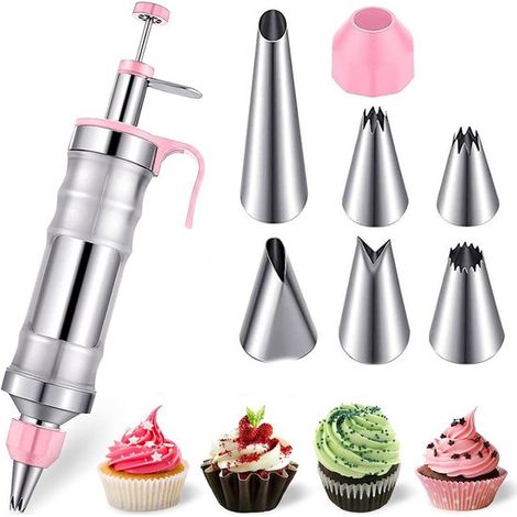 Seringue à pâtisserie professionnelle en acier inoxydable avec 6 douilles et 1 couvercle, kit réutilisable pour décoration de gâteaux, pâtisserie et biscuits, rose (1/5)