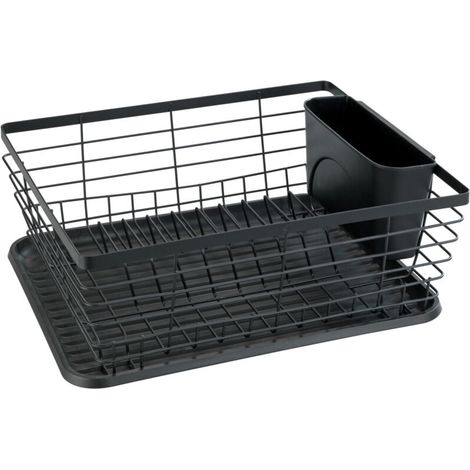 Égouttoir à vaisselle en métal noir – Bac d'égouttage amovible – Porte-assiette et panier à couverts inclus – Dimensions 36x30,3x15 cm (1/5)