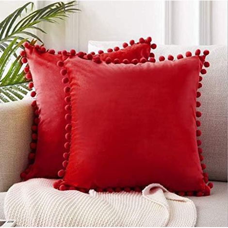 2 Pcs Housse de Coussin en Velours Taie d'oreiller Decorative Taie d'oreiller Boule de Fourrure de Couleur (Gros Rouge) (1/5)