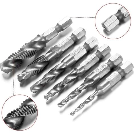 SET PUNTE TRAPANO 6PZ FILETTANTI HSS M3 M4 M5 M6 M8 M10 CODOLO ESAGONALE 1/4"