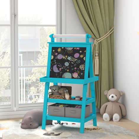 Tableau chevalet 3 en 1 pour enfants, tableau blanc magnétique double face et ardoise avec rouleau de papier, paniers de rangement - Bleu (1/5)