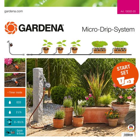 GARDENA Kit d'arrosage goutte-à-goutte pour plantes en pots + programmateur (13002-20).