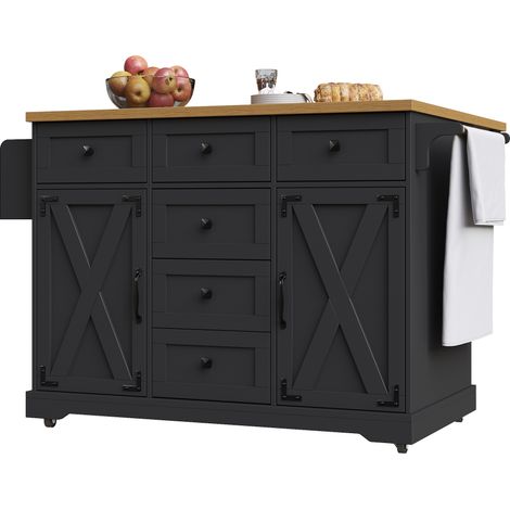 CAIziÎlot de cuisine mobile, grand rangement, finition bois, noir (1/5)