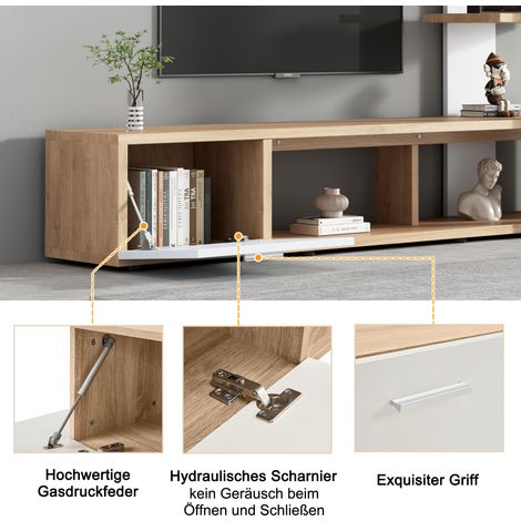 Meuble TV mural moderne en chêne blanc, 180 x 33,5 x 151,5 cm, adapté aux écrans jusqu'à 60 pouces, bloc téléviseur suspendu pour séjour, rangement élégant, ensemble mobilier salon contemporain (1/5)
