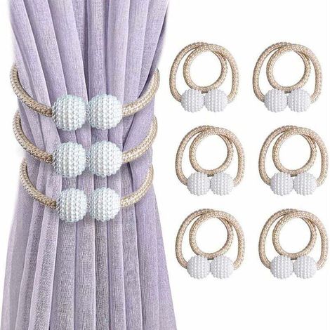 Juego de 6 alzapaños magnéticos para cortinas ZVD con cuentas de perlas de imitación, hebilla con clip para cortinas para decoración del hogar y la oficina (beige) - Crezuo