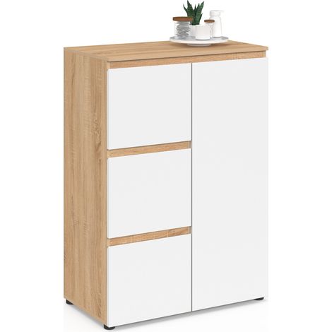 Mobile da bagno TOMI a 3 cassetti con armadio in finitura faggio e bianco (1/5)