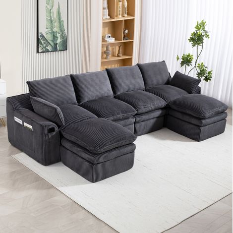 Divano modulare da 4 posti in velluto a coste (panno) con 2 pouf, cuscini e 2 tasche laterali, grigio scuro, 335x167x85 cm (1/5)