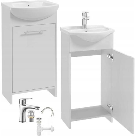 Mueble de baño con lavabo blanco, grifo cromado extendido y sifón, 84x45cm Frigo (1/5)
