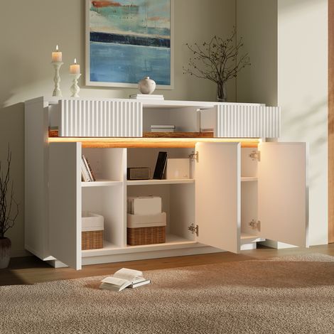 Buffet LED 140 x 40 x 85 cm avec 2 tiroirs, 3 portes et étagères réglables, blanc DESVIAE (1/5)