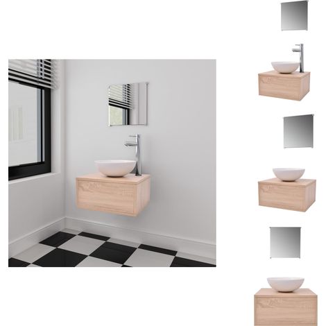 4-tlg. Badmöbel-Set mit Waschbecken und Wasserhahn Beige - Badmöbel - Badezimmermöbel - Waschtischunterschrank - Waschbecken - Armaturen (1/5)