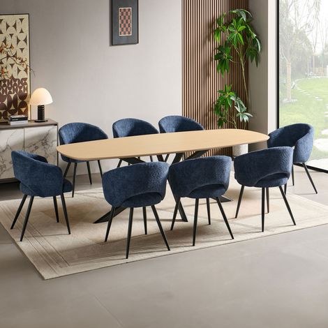 Ensemble table 240 cm effet chêne + 8 chaises tissu bouclette bleu