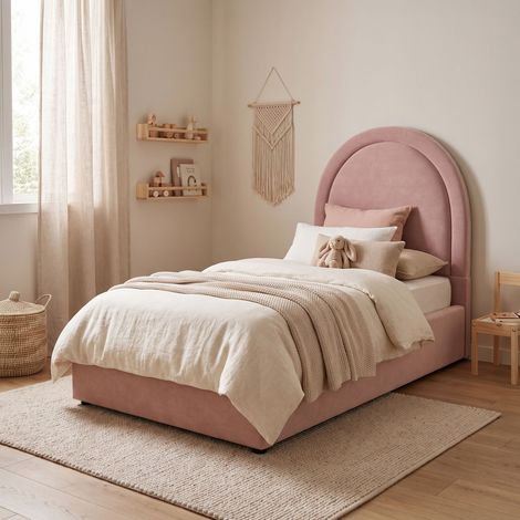 Lit coffre 1 place avec tête de lit arrondie 90x190 cm en velours rose (1/5)