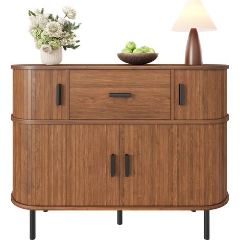 Buffet bas à portes coulissantes et tiroir central, meuble de rangement 2 niveaux en bois foncé pour salon et salle à manger, CHICFURN (1/5)