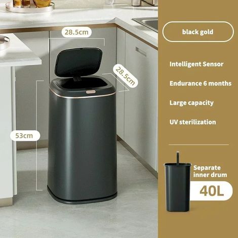 Poubelle de cuisine intelligente (40 L, noire) avec capteur, étanche, idéale pour la salle de bain et le salon, avec couvercle. (1/3)