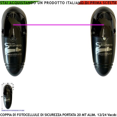Coppia Fotocellula Controllo di Sicurezza per Cancello Elettrico Automatico Portata 20 Metri Lineari Montaggio a Parete o Palina Alimentazione 12/24 Vac Dispositivo Antischiacciamento Universali (1/3)