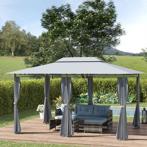 Outsunny Gartenpavillon/Gartenlaube, Kolonialstil, Doppeldach, abnehmbare Seitenwände, 3 m x 4 m x 2,8 m, Grau