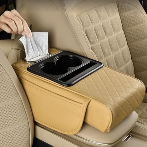 Coussin d'accoudoir de voiture universel pour console centrale de voiture, coussin d'accoudoir de voiture en cuir synthétique avec trou pour serviette en papier, porte-gobelet, support de téléphone, 2 (1/5)