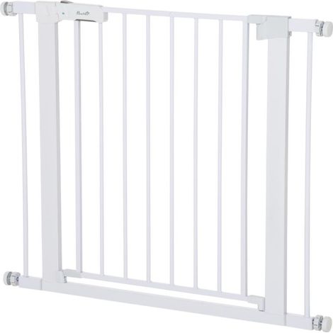Barrière de sécurité pour bébé, installation sans perçage, largeur réglable de 75 à 96 cm, ouverture d'une seule main, métal, blanc (1/5)
