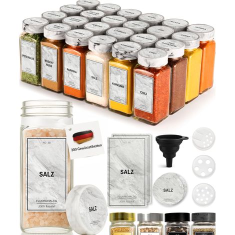 Marbre Blanc Lot de 24 pots à épices de 120 ml avec 300 étiquettes à épices – Bocaux à épices carrés avec saupoudreur – Lot de contenants à épices – Contenants à épices en verre – avec (1/5)