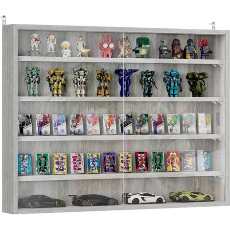 Vitrine murale pour objets de collection 4 étagère réglables en hauteur et 2 portes coulissantes 80 x 9,5 x 60 cm gris