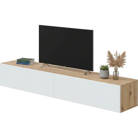 Dmora - Mobile porta TV Vincennes, Porta TV a 2 ante, Mobile sospeso soggiorno, 180x35h28 cm, Rovere Nodi e Bianco lucido, con imballo rinforzato