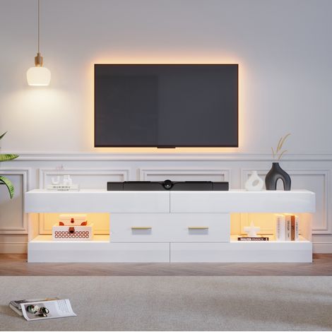 Meuble TV blanc brillant LED avec niches et 2 tiroirs, rangement moderne, 152 x 35 x 40 cm (1/5)
