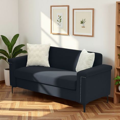 Canapé droit 2 places pour salon, style scandinave, bois et métal, 172x72x82 cm, lin noir (1/5)