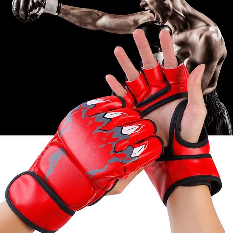 Gants de boxe mi-doigts pour entraînement kickboxing et sac de frappe - Unisexe - Rouge
