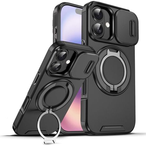 Coque pour iphone 17 - Anti-Choc avec Protection Coulissante Caméra & Support Rotatif 360°, Silicone Anti-Trace et Absorption des Chocs - Noir (1/5)