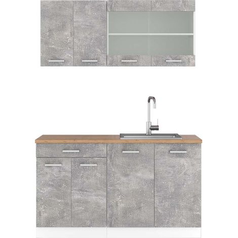 Cucina monoblocco R-Line, Cemento/Bianco, 140 cm , PL Rovere, Vicco