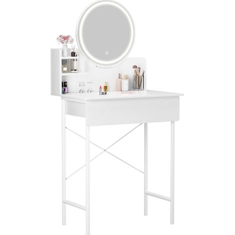 Coiffeuse avec miroir, 1 tiroir, 2 étagères, sans tabouret, 60 x 40 x 126 cm, boîte de rangement pour cosmétiques, blanc. (1/5)