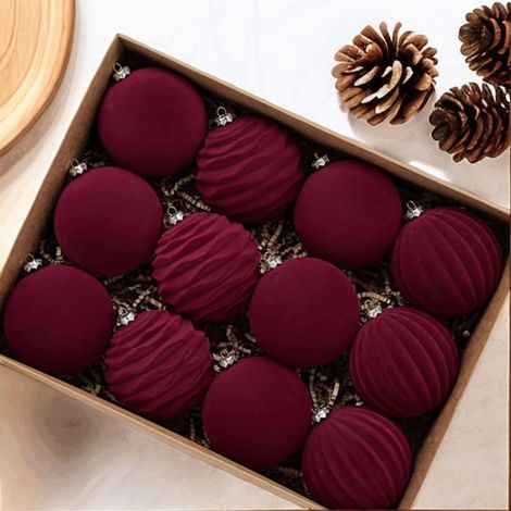 boules de Noël floquées décoration d'ampoule en décorations suspendues pour arbre - 12pcs ensemble plastique rouge (1/5)