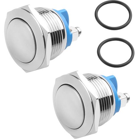 Lot de 2 interrupteurs à bouton-poussoir 19 mm, 3 A 24 V IP66 étanche, en acier inoxydable, interrupteur rond en métal avec anneau en caoutchouc étanche, raccord à vis à 2 broches (tête ronde (1/5)