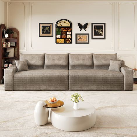 Canapé modulable Cloud 302 cm avec méridienne, assise profonde, sans structure ni montage, mousse haute résilience, velours côtelé, Camel
